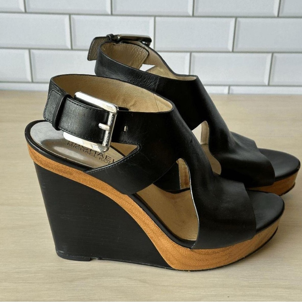 Michael Kors Black and Tan Wedge Sandals